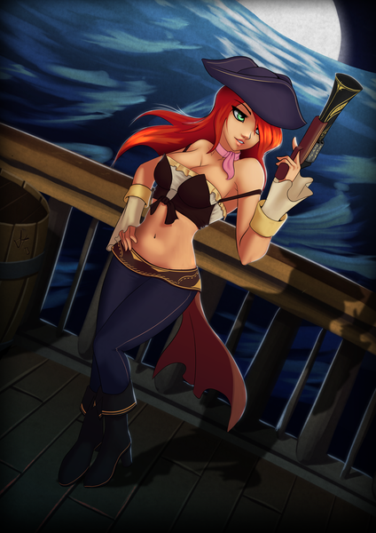 Anime picture 2480x3508 with league of legends miss fortune (league of legends) deilan12 (artist) single long hair tall image fringe highres breasts light erotic bare shoulders green eyes red hair lips hair over one eye bare belly midriff hand on hip pirate girl