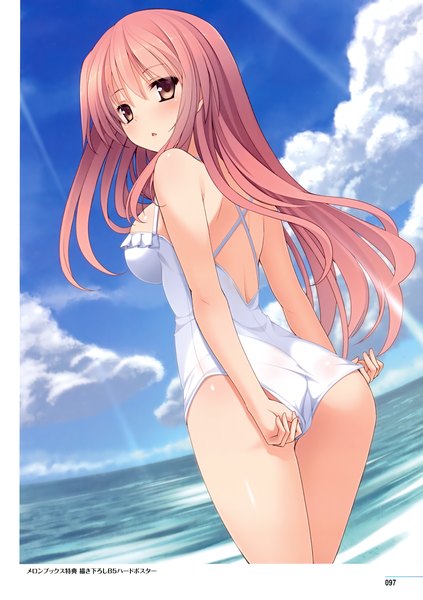 Anime picture 2468x3500 with imouto no katachi sena miyuki mutou kurihito long hair tall image looking at viewer blush highres breasts light erotic brown eyes pink hair sky cloud (clouds) ass looking back beach girl swimsuit water