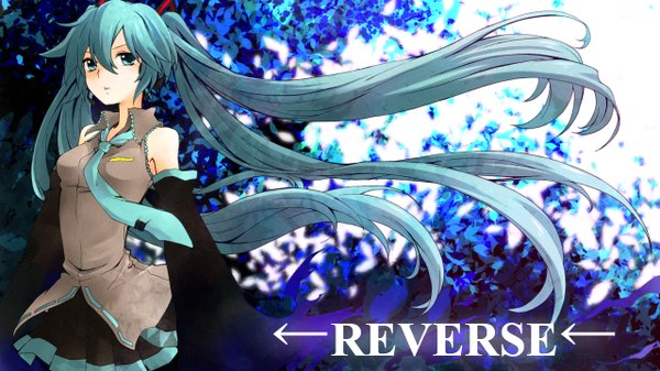 Anime picture 1280x720 with vocaloid hatsune miku kanna (chaos966) single long hair looking at viewer wide image twintails bare shoulders aqua eyes wind aqua hair inscription girl skirt detached sleeves necktie