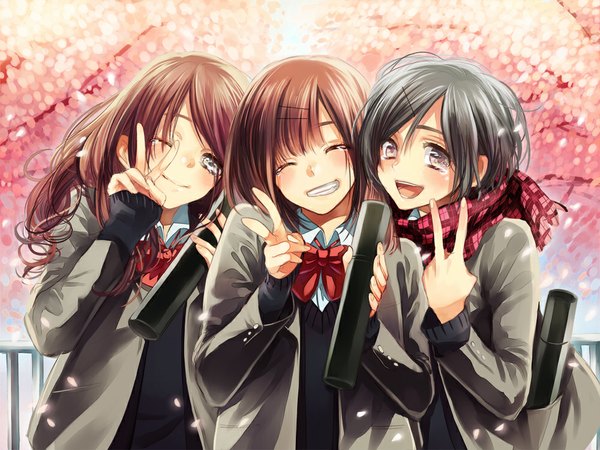 Anime picture 1000x750 with original tibino long hair short hair open mouth black hair smile brown hair multiple girls eyes closed one eye closed wink tears cherry blossoms victory silver eyes graduation girl uniform school uniform
