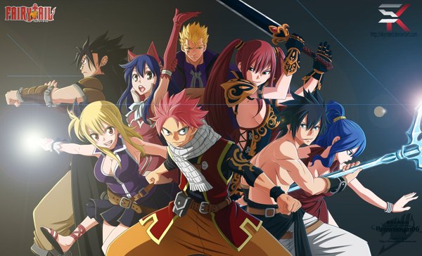 Anime picture 1600x971 with fairy tail lucy heartfilia erza scarlet natsu dragneel gray fullbuster wendy marvell juvia lockser gajeel redfox laxus dreyar skycreed long hair short hair open mouth blue eyes black hair simple background blonde hair smile wide image twintails