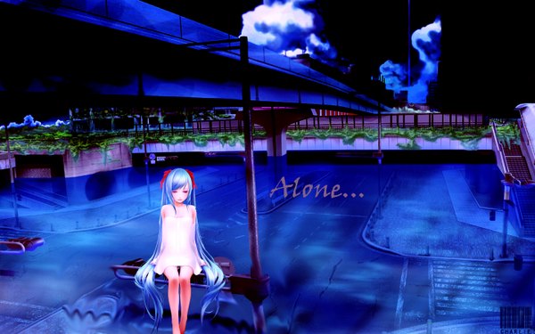 Anime picture 1440x900 with vocaloid hatsune miku yori (shitsuon) single long hair wide image sitting twintails blue hair sky cloud (clouds) girl bow hair bow water bench
