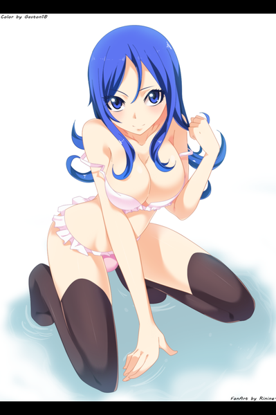 Anime picture 1136x1706 with fairy tail juvia lockser tongasart single long hair tall image blush breasts blue eyes light erotic simple background large breasts white background blue hair light smile kneeling coloring letterboxed open bra girl