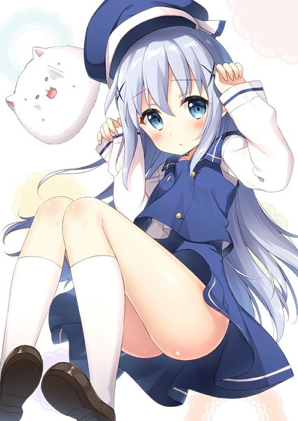 Anime picture 800x1130 with gochuumon wa usagi desu ka? white fox kafuu chino tippy (gochiusa) masuishi kinoto single long hair tall image blush fringe blue eyes light erotic looking away purple hair girl hair ornament animal socks white socks bobby pin