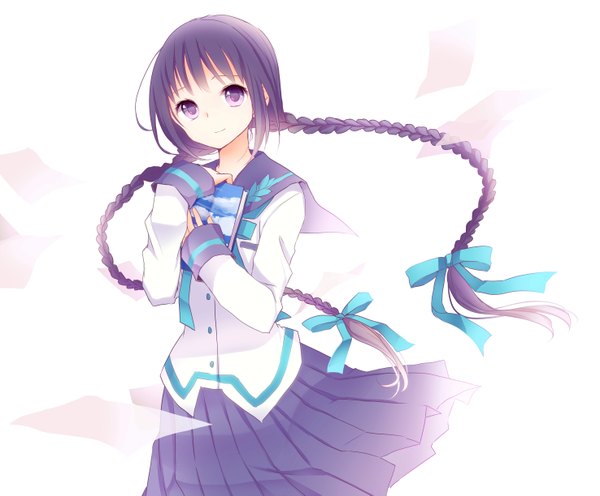 Anime picture 2952x2445 with bungaku shoujo amano tooko goma (11zihisin) single long hair looking at viewer highres white background purple eyes purple hair braid (braids) girl skirt uniform bow hair bow school uniform book (books) paper