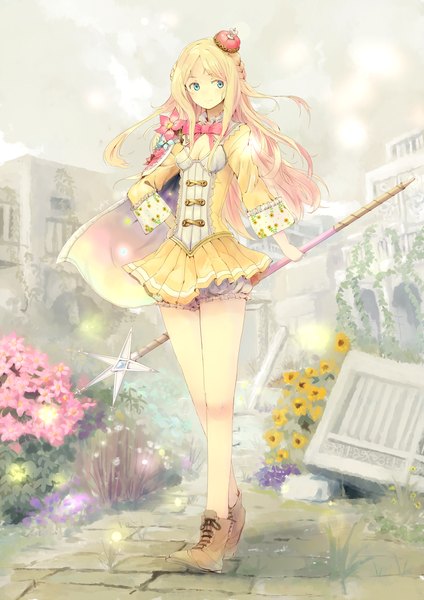 Anime picture 1500x2121 with atelier (series) atelier meruru gust (company) merurulince rede arls yammy (pixiv) single long hair tall image blush blue eyes blonde hair standing holding looking away pink hair sky cloud (clouds) braid (braids) multicolored hair light smile