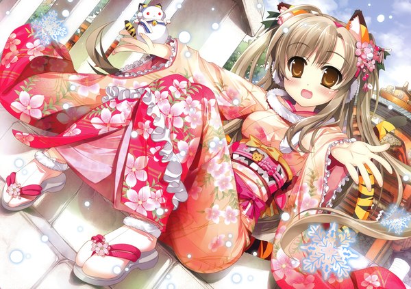 Anime picture 4962x3500 with fujima takuya long hair blush highres open mouth brown hair brown eyes animal ears absurdres japanese clothes cat ears cat tail snowing winter girl kimono