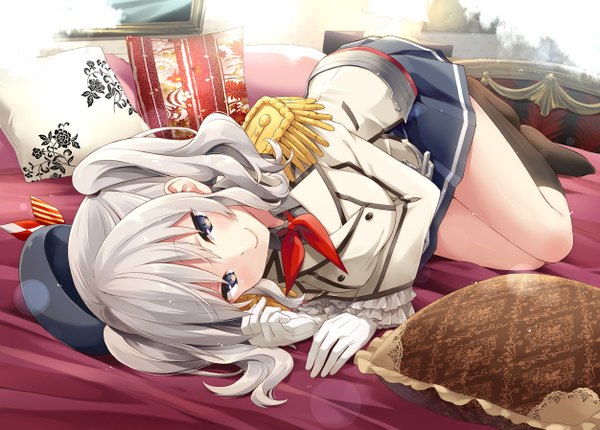 Anime picture 1252x898 with kantai collection kashima training cruiser eretto single long hair looking at viewer blush fringe breasts smile large breasts purple eyes payot silver hair full body bent knee (knees) lying braid (braids) two side up no shoes