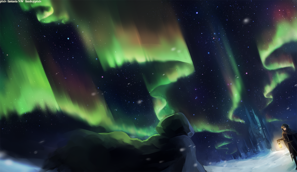 Anime picture 1800x1041 with original pixiv fantasia pixiv pixiv fantasia new world feesh highres wide image holding sky from behind night back winter snow aurora borealis gloves hood star (stars) cape fire