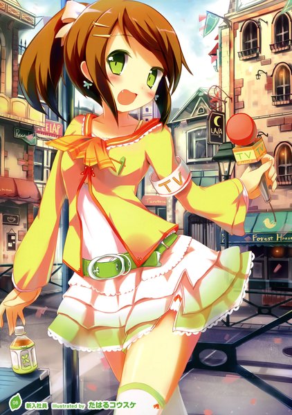 Anime picture 2530x3600 with girls, girls, girls! 10 (artbook) tagme (artist) single tall image looking at viewer blush highres short hair open mouth brown hair green eyes ponytail scan official art girl thighhighs dress bow hair bow earrings