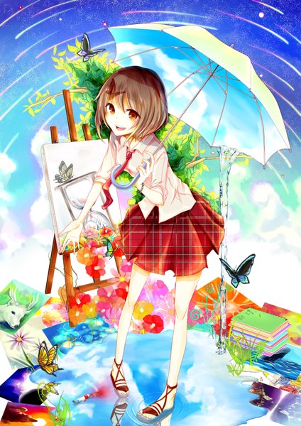 Anime picture 2748x3887 with original reanisu lunashi single tall image highres short hair open mouth smile brown hair brown eyes girl skirt flower (flowers) shirt water insect butterfly picture