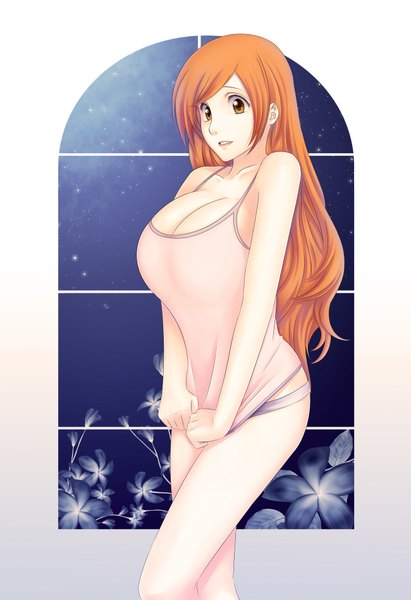 Anime picture 2600x3788 with bleach studio pierrot inoue orihime lchrno single long hair tall image highres breasts light erotic large breasts yellow eyes orange hair girl underwear panties t-shirt