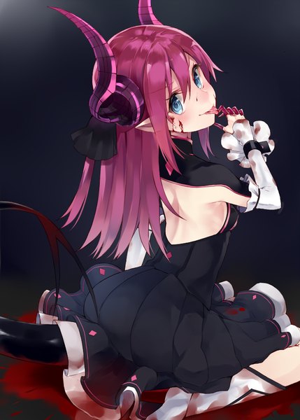 Anime picture 643x900 with fate (series) fate/extra fate/extra ccc type-moon elizabeth bathory (fate) (all) elizabeth bathory (fate) kou mashiro single long hair tall image looking at viewer blush fringe blue eyes simple background smile hair between eyes sitting pink hair tail