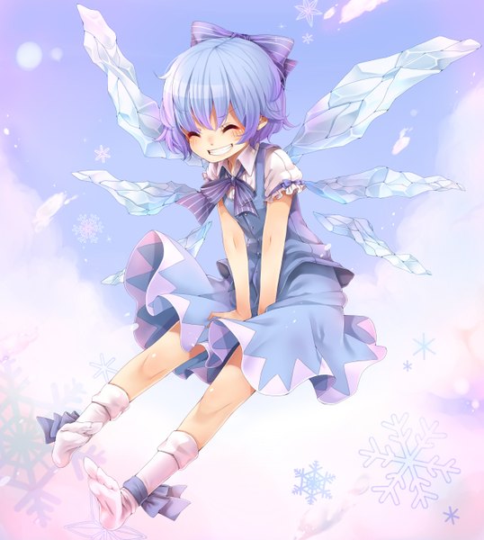 Anime picture 2600x2900 with touhou cirno rojiko tall image highres short hair blue hair eyes closed loli soles ^ ^ girl bow hair bow wings socks white socks snowflake (snowflakes)