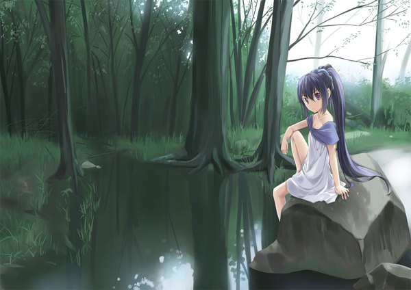 Anime picture 1500x1062 with tenkuu nozora single long hair sitting bare shoulders purple hair ponytail black eyes girl plant (plants) tree (trees) forest stone (stones)