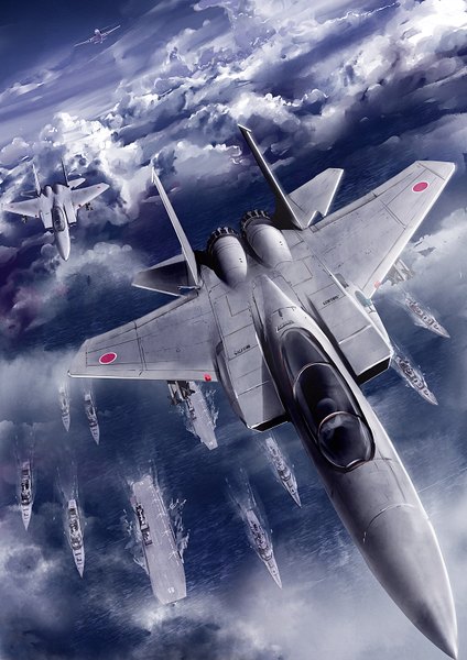 Anime picture 1158x1637 with original missle228 tall image sky cloud (clouds) flying weapon sea aircraft watercraft airplane ship jet f-15