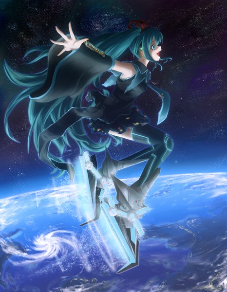 Anime picture 1400x1800 with vocaloid hatsune miku arkas (artist) long hair tall image open mouth blue eyes twintails profile green hair space mecha musume girl detached sleeves necktie planet earth