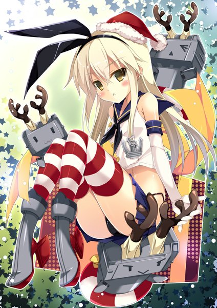 Anime picture 707x1000 with kantai collection shimakaze destroyer rensouhou-chan kobayashi chisato long hair tall image blush light erotic yellow eyes white hair fur trim christmas girl thighhighs gloves bow weapon hair bow hat miniskirt