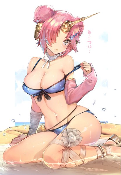 Anime picture 658x950 with fate (series) fate/grand order frankenstein's monster (fate) frankenstein's monster (swimsuit saber) (fate) teddy (khanshin) single tall image looking at viewer fringe short hair breasts light erotic large breasts white background sitting pink hair cleavage full body bent knee (knees) arm up