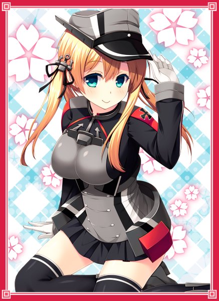 Anime picture 951x1306 with kantai collection prinz eugen (kantai collection) yuntea single long hair tall image looking at viewer breasts blue eyes blonde hair smile girl thighhighs skirt black thighhighs miniskirt flat cap anchor