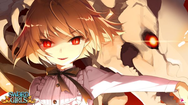 Anime picture 1920x1080 with sword girls single looking at viewer fringe highres short hair open mouth blonde hair smile red eyes wide image teeth fang (fangs) text glowing glowing eye (eyes) sharp teeth vampire skeleton girl