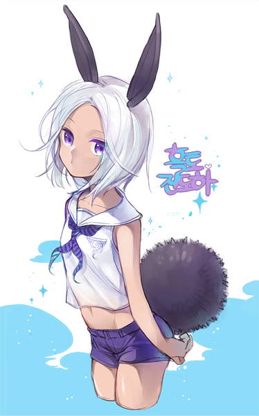 Anime picture 600x962 with blade & soul lyn (blade & soul) cm single tall image short hair simple background standing purple eyes animal ears white hair tail animal tail bunny ears bunny tail girl shorts short shorts