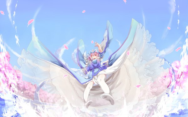 Anime picture 1920x1200 with touhou saigyouji yuyuko saraki highres short hair open mouth red eyes wide image pink hair sky girl thighhighs dress petals white thighhighs