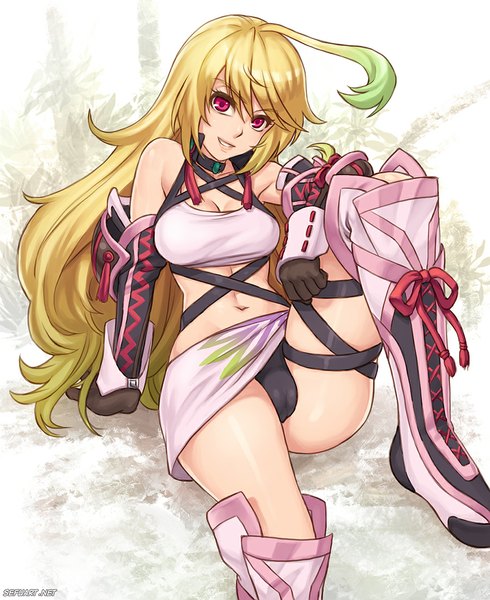 Anime picture 903x1106 with tales of (series) tales of xillia milla maxwell speeh single long hair tall image looking at viewer light erotic smile pink eyes multicolored hair two-tone hair girl skirt gloves navel underwear panties miniskirt