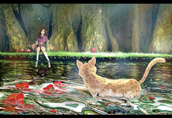 Anime picture 1228x842 with original kyan-dog (artist) long hair blue eyes brown hair soaking feet girl hair ornament flower (flowers) plant (plants) animal tree (trees) water insect butterfly cat grass yukata