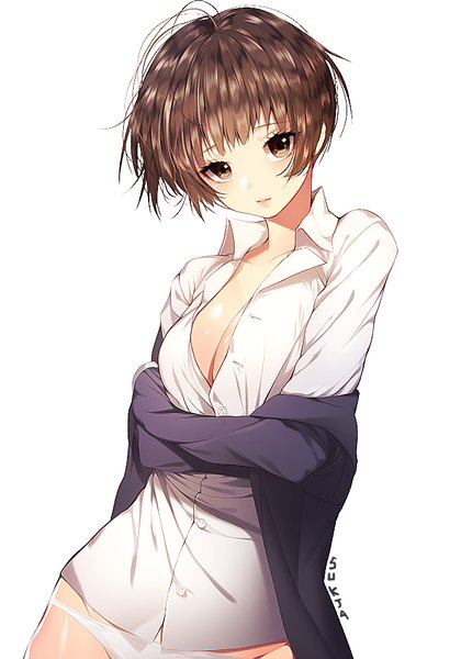 Anime picture 700x1000 with psycho-pass production i.g tsunemori akane sorolp single tall image looking at viewer fringe short hair light erotic simple background brown hair standing white background brown eyes signed open clothes open shirt crossed arms girl