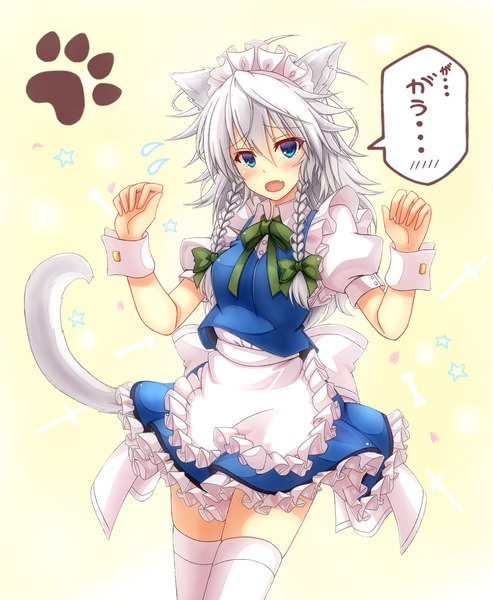 Anime picture 1276x1554 with touhou izayoi sakuya mickey dunn single tall image blush short hair open mouth blue eyes animal ears white hair braid (braids) cat ears maid cat girl cat tail twin braids kemonomimi mode girl thighhighs