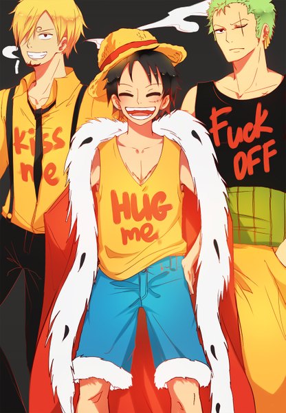 Anime picture 971x1400 with one piece toei animation monkey d. luffy roronoa zoro sanji kristallin-f (artist) tall image looking at viewer short hair open mouth black hair blonde hair smile eyes closed one eye closed green hair wink black eyes scar smoke