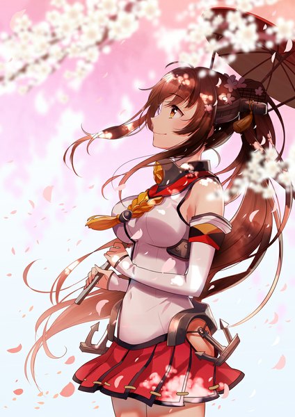 Anime picture 707x1000 with kantai collection yamato super battleship yuzuki kihiro single long hair tall image blush brown hair brown eyes looking away ponytail hair flower light smile cherry blossoms girl skirt hair ornament flower (flowers) plant (plants) miniskirt