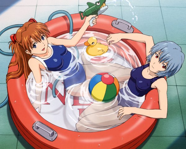 Anime picture 1280x1024 with neon genesis evangelion gainax soryu asuka langley ayanami rei long hair short hair brown hair multiple girls blue hair partially submerged nerv girl 2 girls swimsuit one-piece swimsuit school swimsuit pool water gun hose wading pool