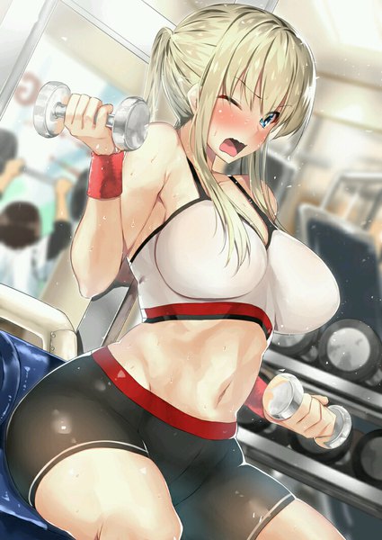 Anime picture 752x1062 with kantai collection graf zeppelin (kantai collection) body mahattaya ginga single long hair tall image blush fringe breasts open mouth blue eyes light erotic blonde hair large breasts sitting ponytail indoors one eye closed bare belly sweat