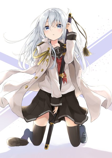 Anime picture 2506x3540 with kantai collection hibiki destroyer azuuru single long hair tall image looking at viewer blush fringe highres open mouth blue eyes simple background blonde hair holding ahoge pleated skirt kneeling shoes removed girl
