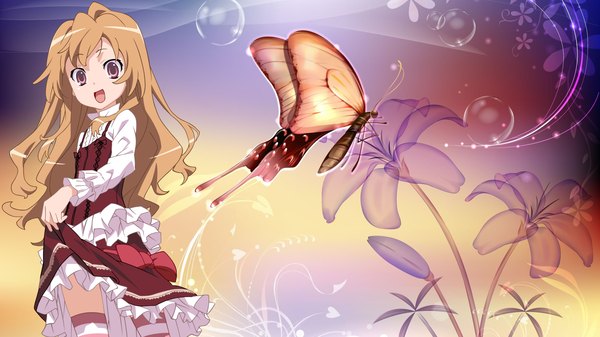 Anime picture 1920x1080 with toradora j.c. staff aisaka taiga long hair highres red eyes brown hair wide image loli dress insect butterfly