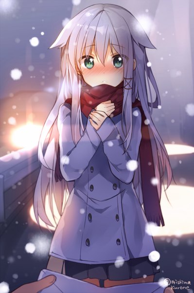 Anime picture 700x1052 with original anceril sacred mishima kurone single long hair tall image looking at viewer blush green eyes white hair hand on chest light snowing winter snow double buttons frown girl skirt scarf