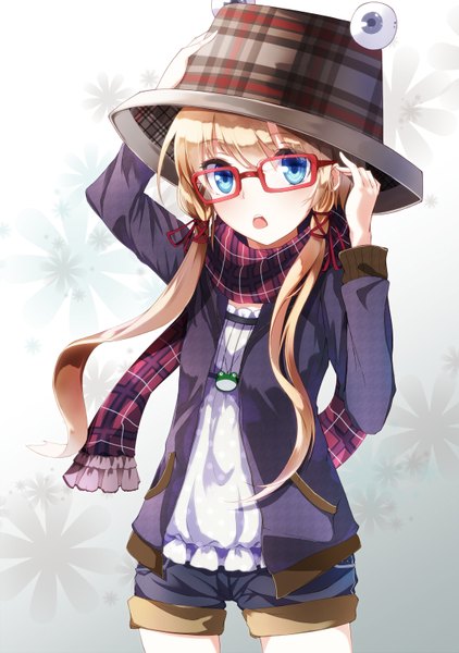 Anime picture 1100x1562 with touhou moriya suwako pokoruru single long hair tall image looking at viewer open mouth blue eyes blonde hair alternate costume bespectacled contemporary girl hat glasses shorts scarf