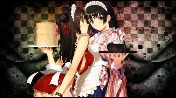 Anime picture 2560x1440 with tony taka long hair highres black hair wide image multiple girls black eyes chinese clothes checkered background wa maid yagasuri girl hair ornament 2 girls food headdress maid headdress apron chinese dress tray