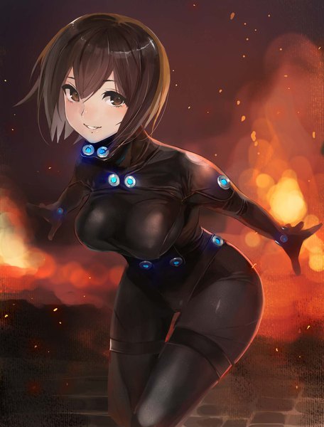 Anime picture 1294x1700 with gantz gonzo taishi (picchiridou) single tall image looking at viewer blush fringe short hair breasts light erotic smile hair between eyes brown hair large breasts standing brown eyes blurry midriff leaning