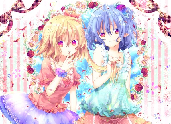 Anime picture 2000x1458 with touhou flandre scarlet remilia scarlet riichu highres short hair blue eyes blonde hair multiple girls nail polish hair flower pointy ears one side up finger to mouth multicolored eyes girl hair ornament bow 2 girls