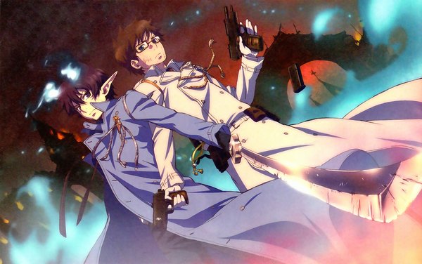Anime picture 2123x1332 with ao no exorcist a-1 pictures okumura rin okumura yukio highres blue eyes brown hair blue hair pointy ears night twins back to back boy weapon sword glasses gun cross fire flame