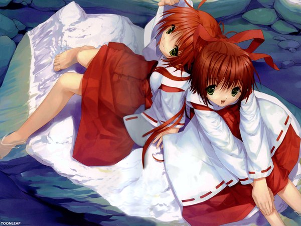 Anime picture 1600x1200 with highres multiple girls green eyes red hair traditional clothes japanese clothes barefoot miko girl ribbon (ribbons) 2 girls