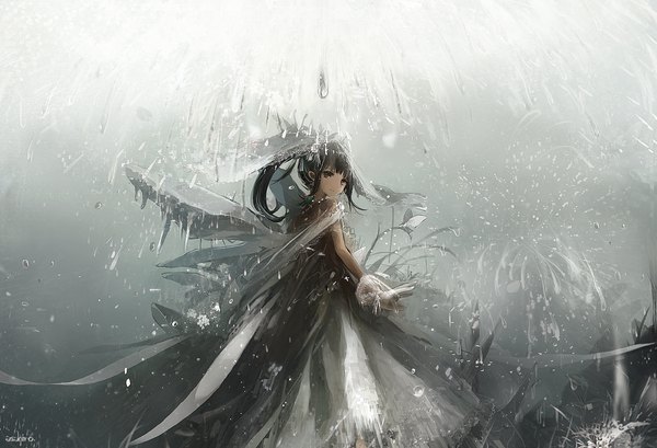 Anime picture 1000x683 with original asahiro single long hair looking at viewer fringe black hair twintails bare shoulders brown eyes signed blunt bangs looking back from behind grey background rain girl dress gloves white gloves