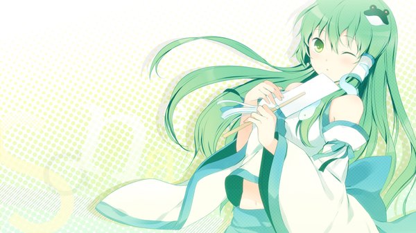 Anime picture 1920x1080 with touhou kochiya sanae 6u (eternal land) single long hair looking at viewer highres wide image green eyes one eye closed green hair wink wallpaper girl hair ornament detached sleeves hair tubes gohei