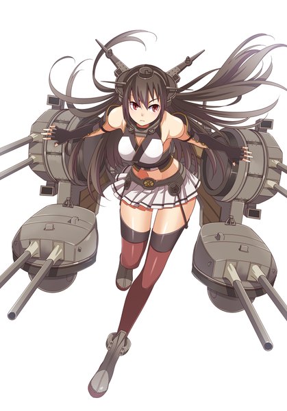 Anime picture 700x1003 with kantai collection nagato battleship yukko0930 single long hair tall image looking at viewer black hair simple background red eyes white background full body girl thighhighs gloves hair ornament weapon miniskirt fingerless gloves