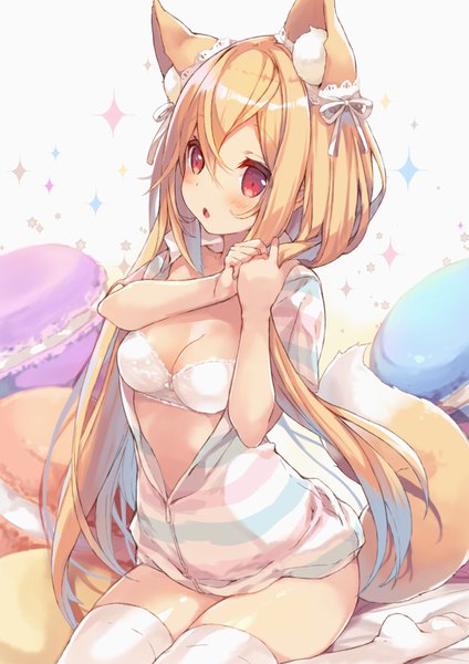 Anime picture 1000x1414 with original p19 single long hair tall image blush fringe breasts open mouth light erotic blonde hair hair between eyes red eyes sitting animal ears payot looking away tail animal tail multicolored hair