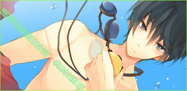 Anime picture 800x388 with free! kyoto animation nanase haruka (free!) enomoto hina single looking at viewer blush fringe short hair black hair wide image purple eyes inscription dutch angle blue background boy bubble (bubbles) goggles