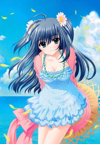 Anime picture 4890x7005 with shuffle! yae sakura (shuffle!) nishimata aoi single long hair tall image looking at viewer blush highres blue eyes blue hair absurdres sky cleavage cloud (clouds) hair flower girl hair ornament hat petals